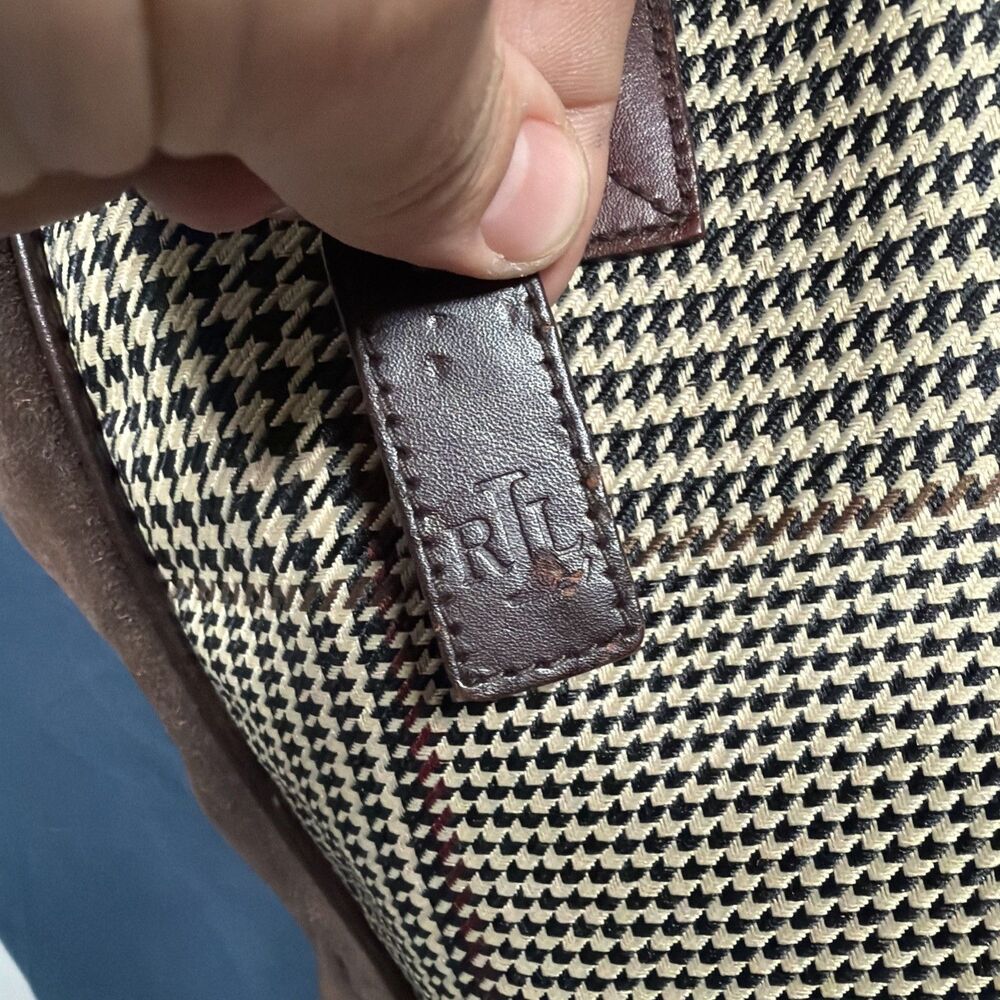 Vintage Lauren Ralph Lauren Brown Leather Suede Houndstooth Tote Shoulder Bag - Picture 3 of 11